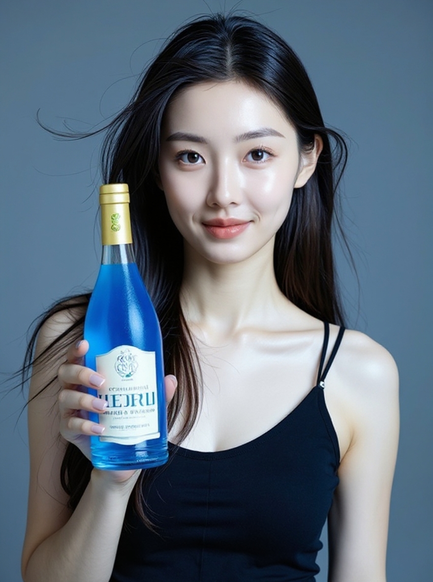 The girl is holding a beverage bottle