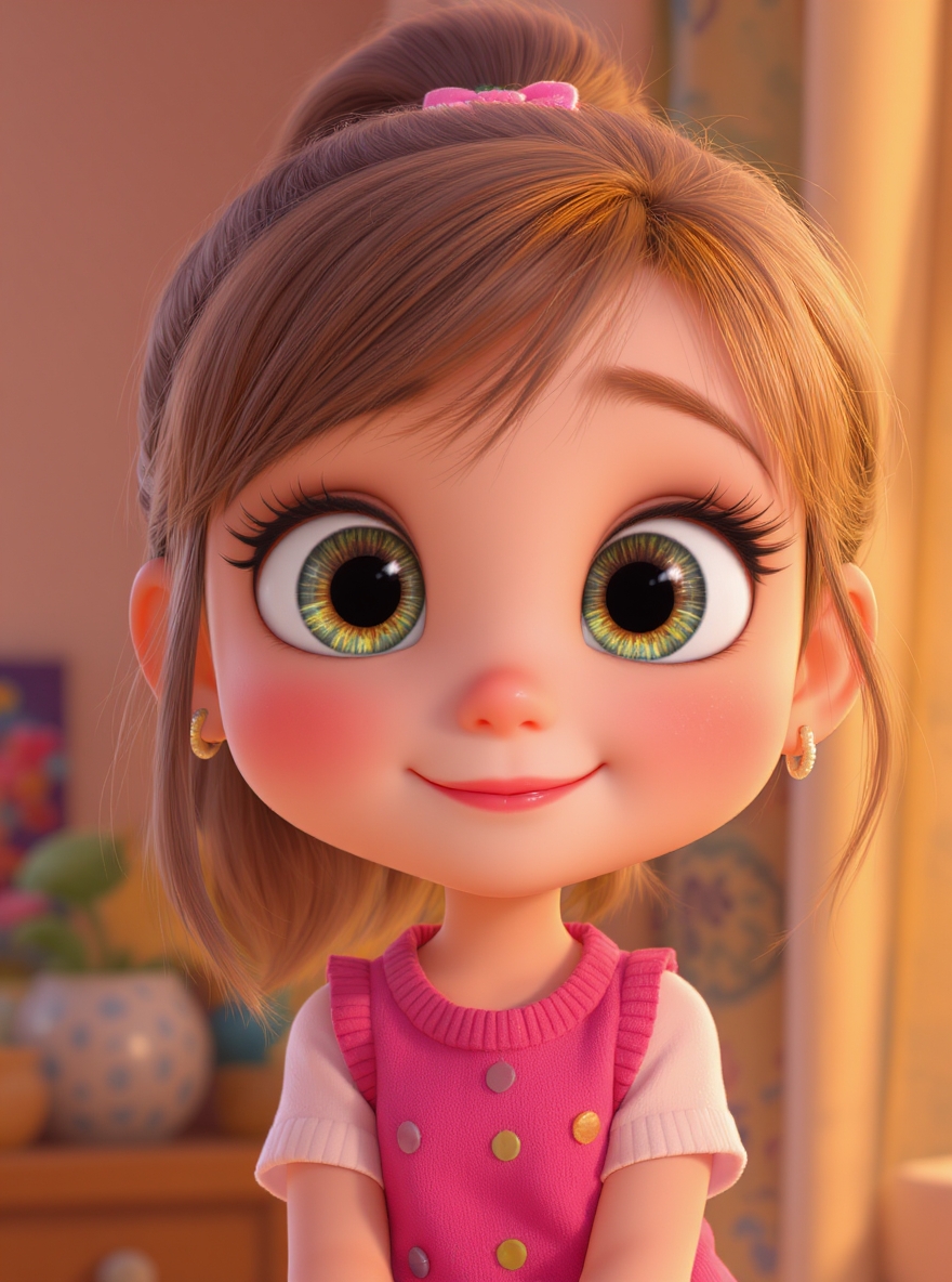 A cute girl with expressive big eyes, Disney Pixar style