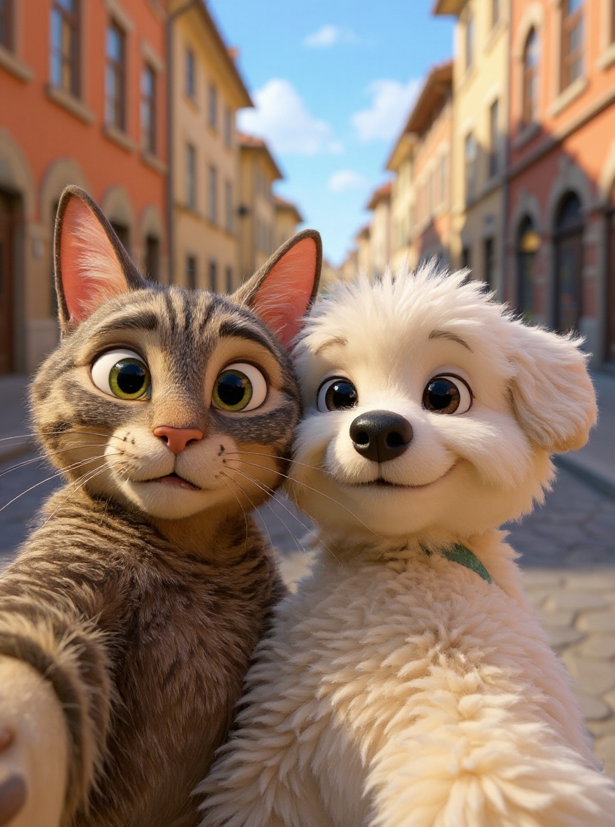 Dog and cat street photo selfie