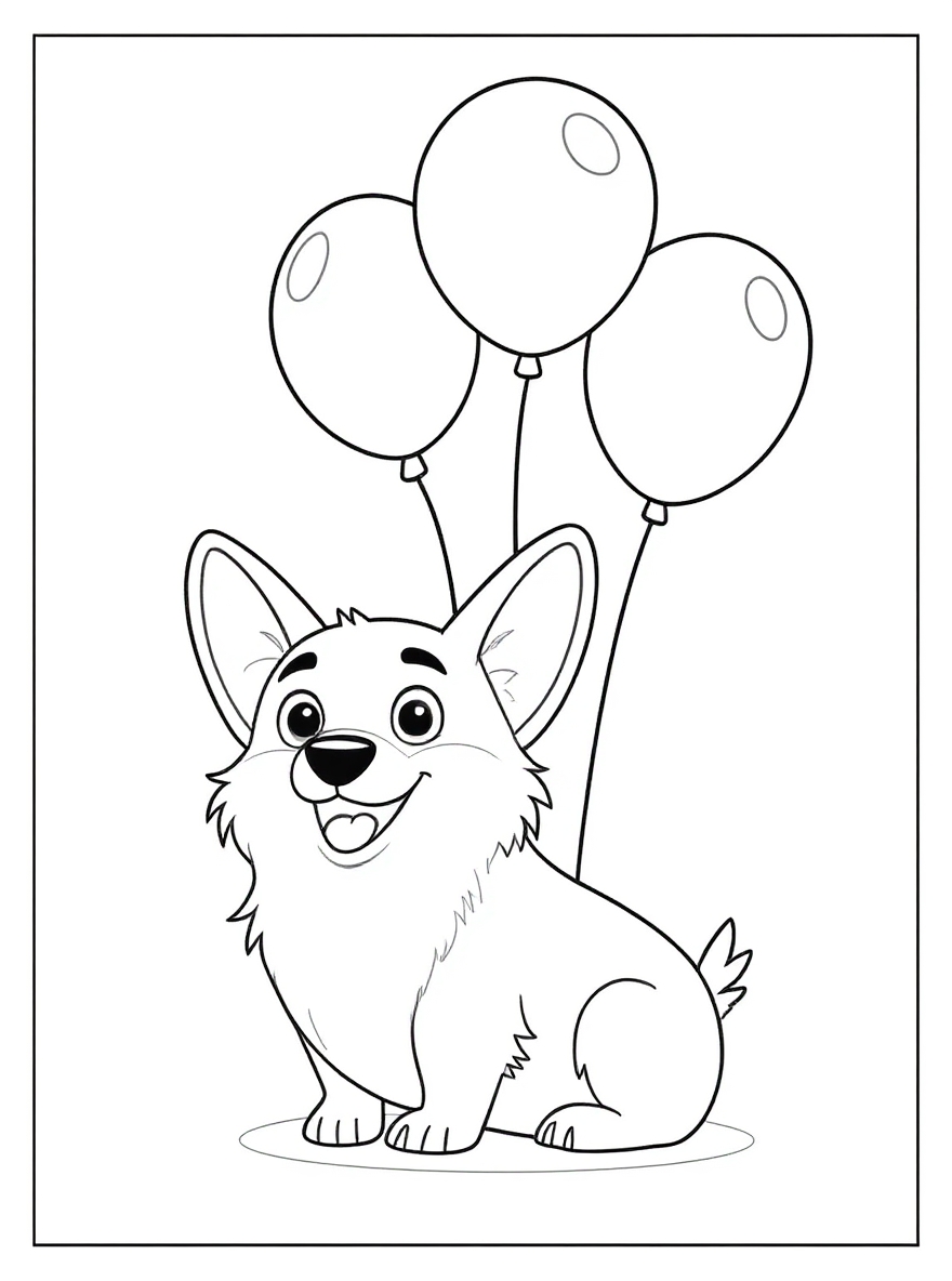 Coloring Page of a Corgi Dog with Colored Balloons.