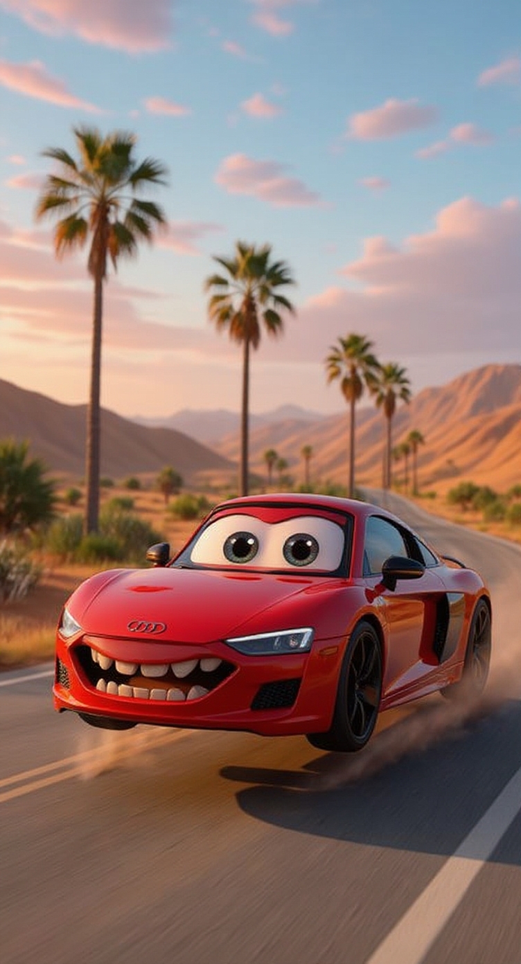 A Pixar style car speeding on the desert road