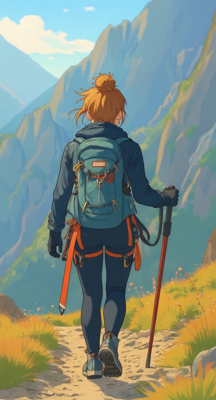A woman wearing leggings walks along a mountain path