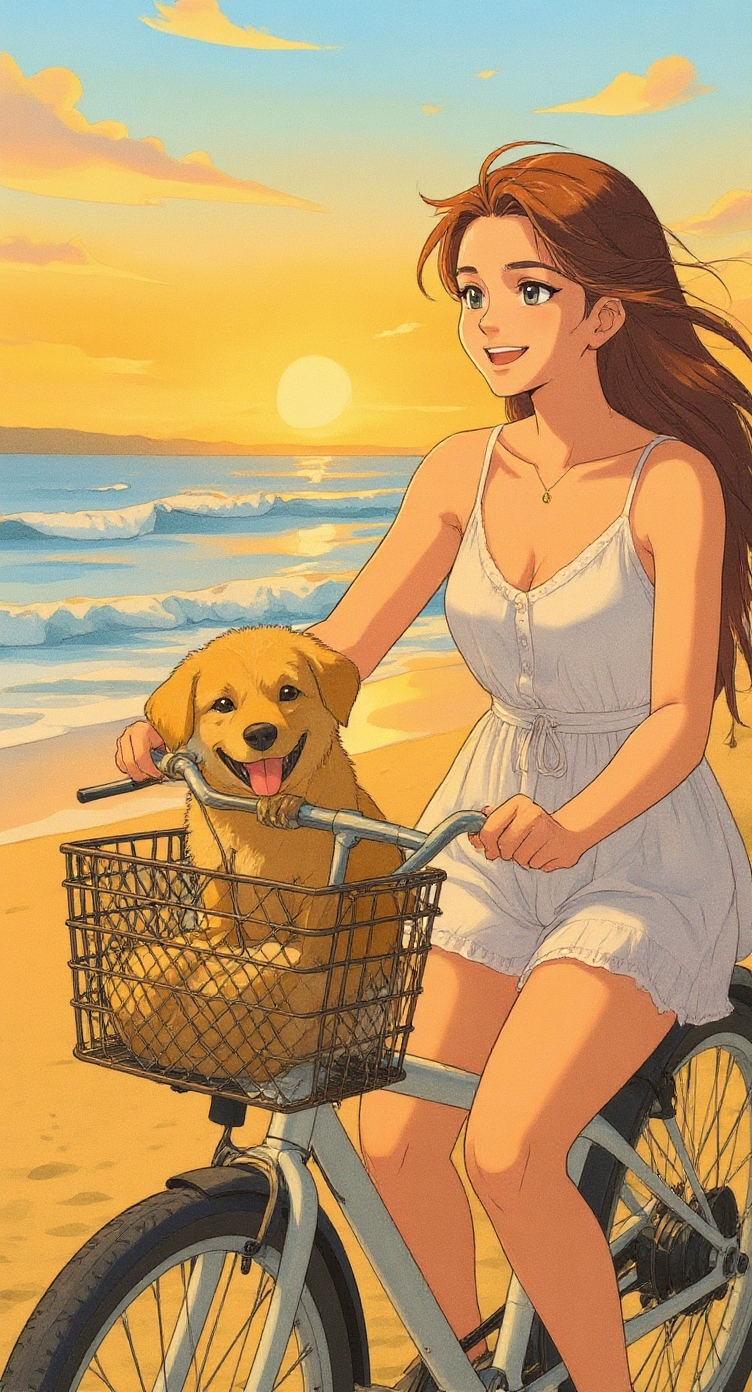 Ghibli Art style seaside cycling girl