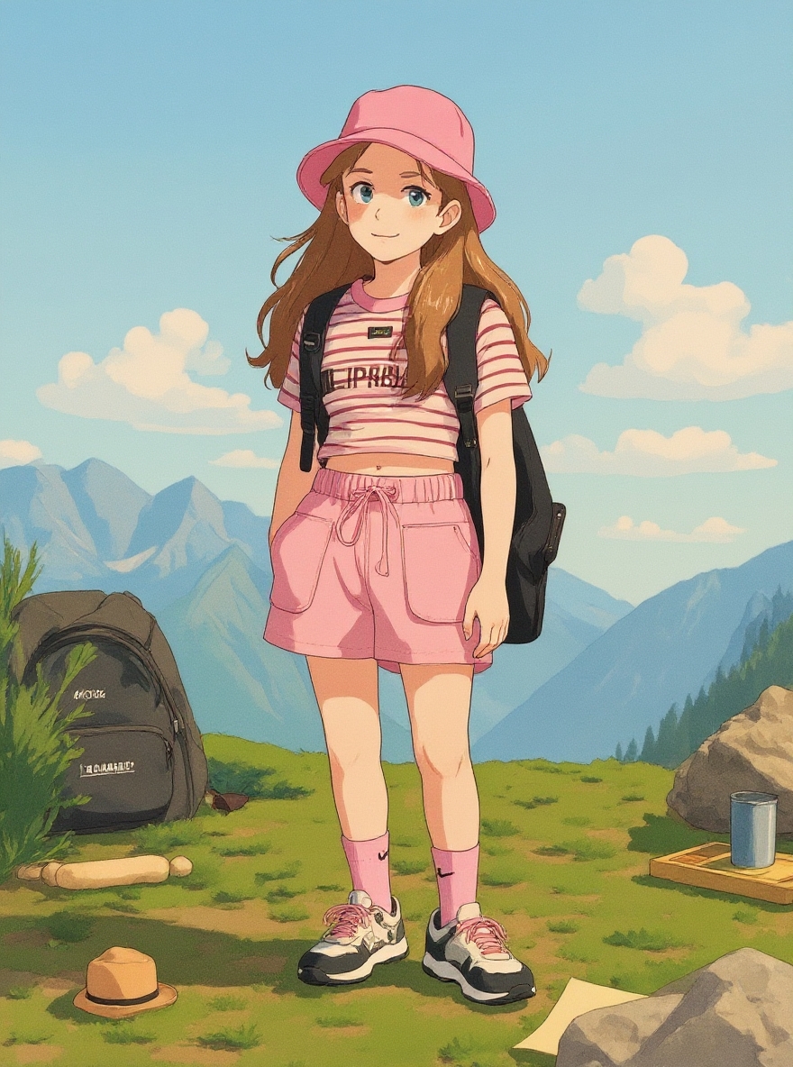Ghibli Art style summer outdoor mountain style girl