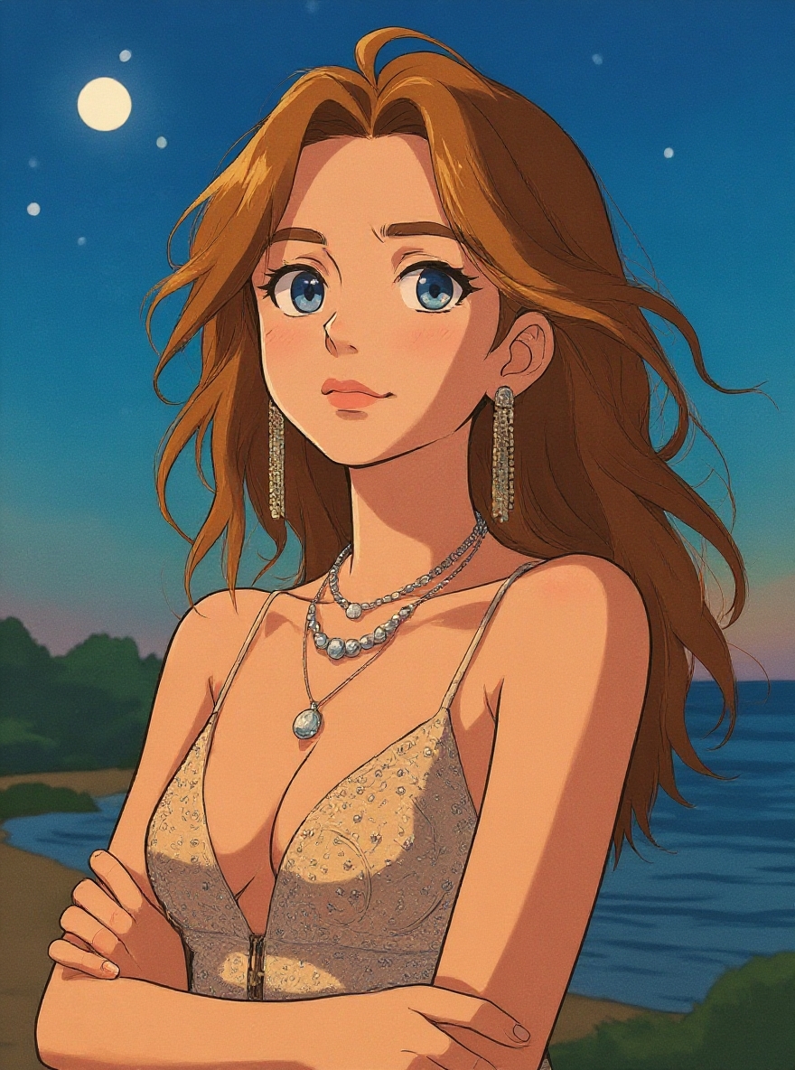Woman with magnetic appeal, adorned in sparkling jewelry, against a starry night backdrop