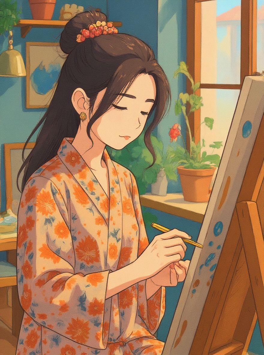 Artistic painter in art studio with wooden easel and paint