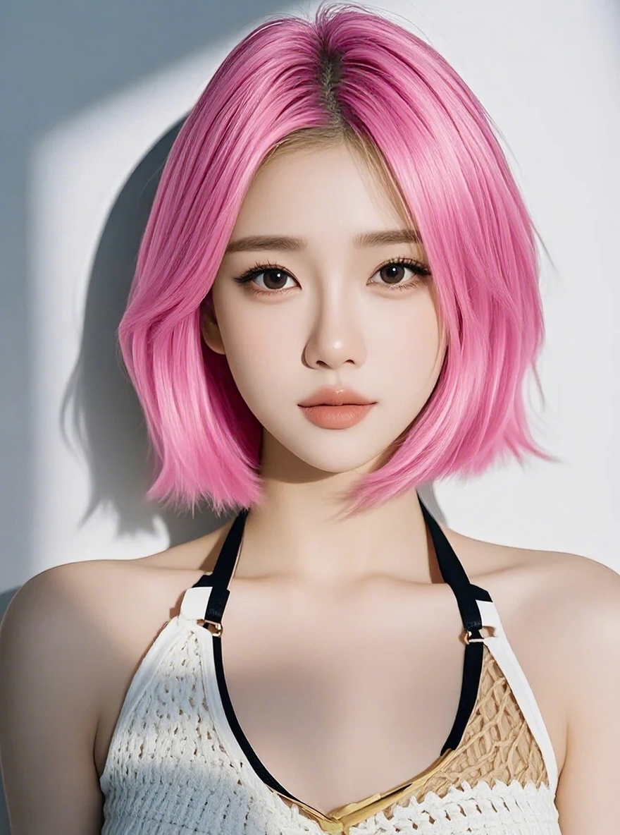Change the girl's hair color to light pink