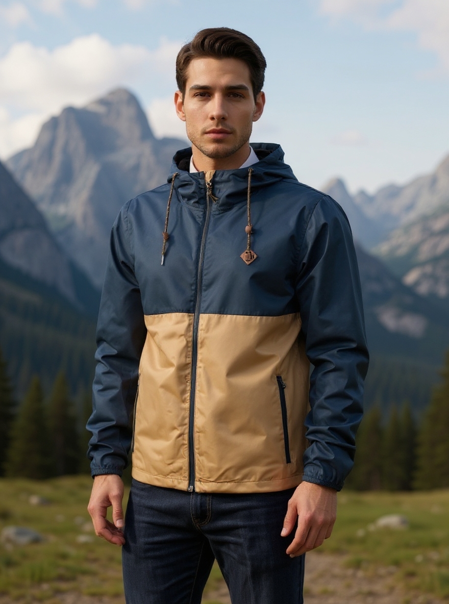 The man was wearing this top and jeans, standing in front of the mountains