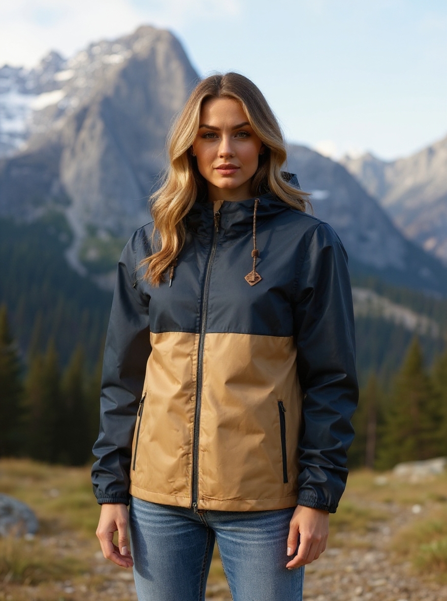 The woman stood in front of the mountains wearing this submachine jacket and jeans
