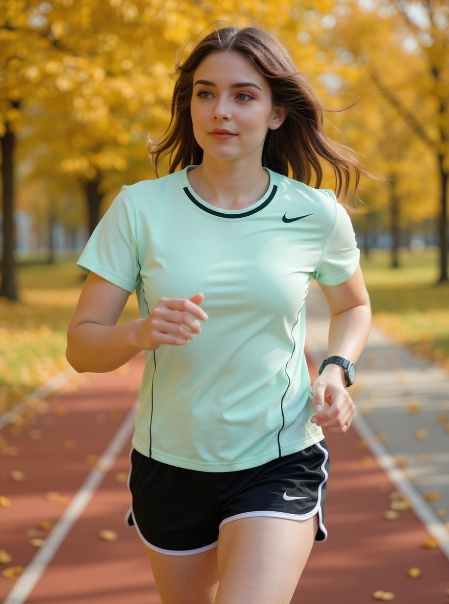 The woman is wearing this short sleeved T-shirt top and sports shorts, running on the track