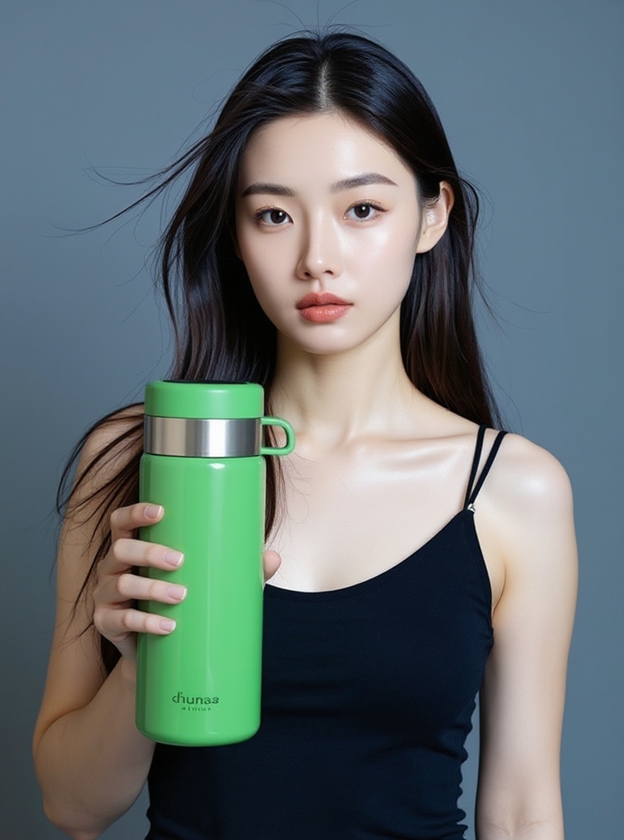 The girl is holding a thermos in one hand, one hand, one hand, one hand. The thermos cup should be smaller.
