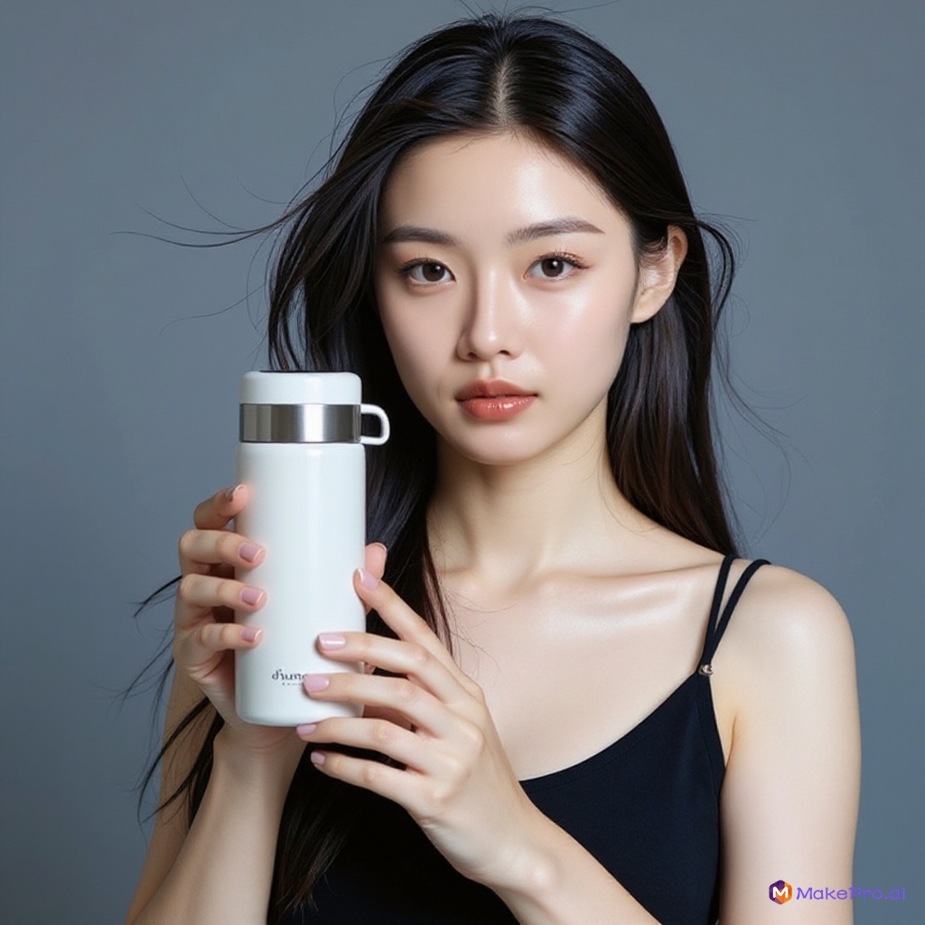 The girl is holding a thermos cup