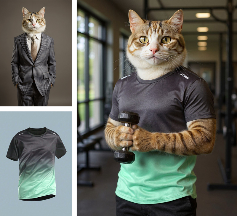 Un chat anthropomorphique portant un t-shirt de sport à manches courtes et tenant des haltères dans la salle de sport