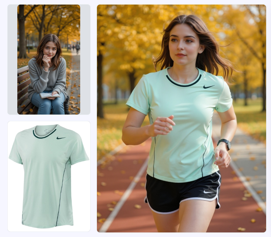 The woman is wearing this short sleeved T-shirt top and sports shorts, running on the track